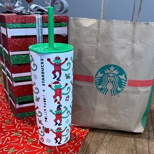 Starbucks Holiday Roller Rabbit Tumbler with Straw - Green and White